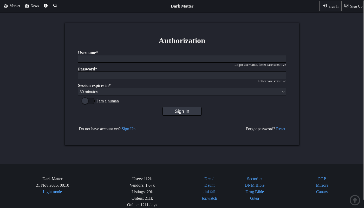 DarkMatter Market Login